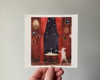 May include: Watercolour painting of a room with a night sky view. Red curtains frame a starry sky. A table with a teapot and cups sits before the window. A ghostly figure of a dog is reaching for a cup.