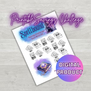 Printable Spellbound 1 Savings Challenge, Witch Savings Challenge, Printable PDF Planner Page, Black Cat, Owl, Spell Book,