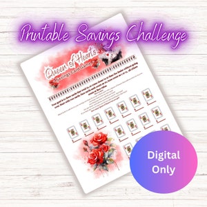 Printable Low Income Queen of Hearts Savings Challenge Game,  Queen Of Hearts Game, Alice in Wonderland, Printable PDF, Savings Challenge,
