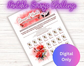 Printable Low Income Queen of Hearts Savings Challenge Game,  Queen Of Hearts Game, Alice in Wonderland, Printable PDF, Savings Challenge,