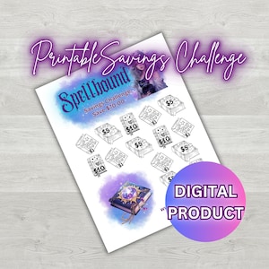 Printable Low Income Spellbound 2 Savings Challenge, Witch Savings Challenge, Printable PDF Planner Page, Black Cat, Owl, Spell Book,