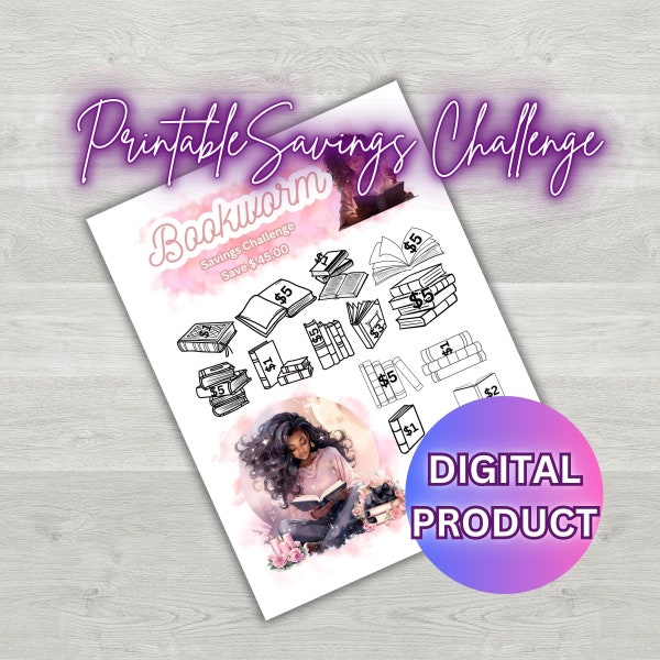 Printable Low Income Bookworm 2 Savings Challenge, Book Savings Challenge, Printable PDF Planner Page, Savings Challenge, Girl with Books