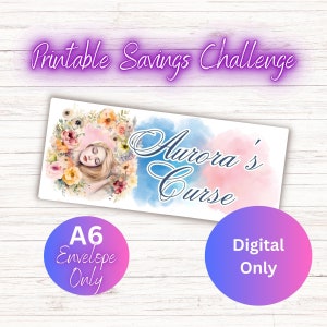 May include: A printable A6 envelope savings challenge with a watercolor illustration of a sleeping woman with flowers around her head. The text "Aurora's Curse" is written in a whimsical font.