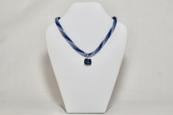 Blue and White Long Double Spiral Beaded Kumihimo with Blue Druzy Pendant  Necklace