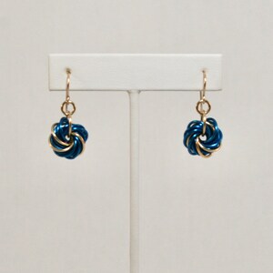 Large Mobius Earrings in Blue and Gold Enameled Copper