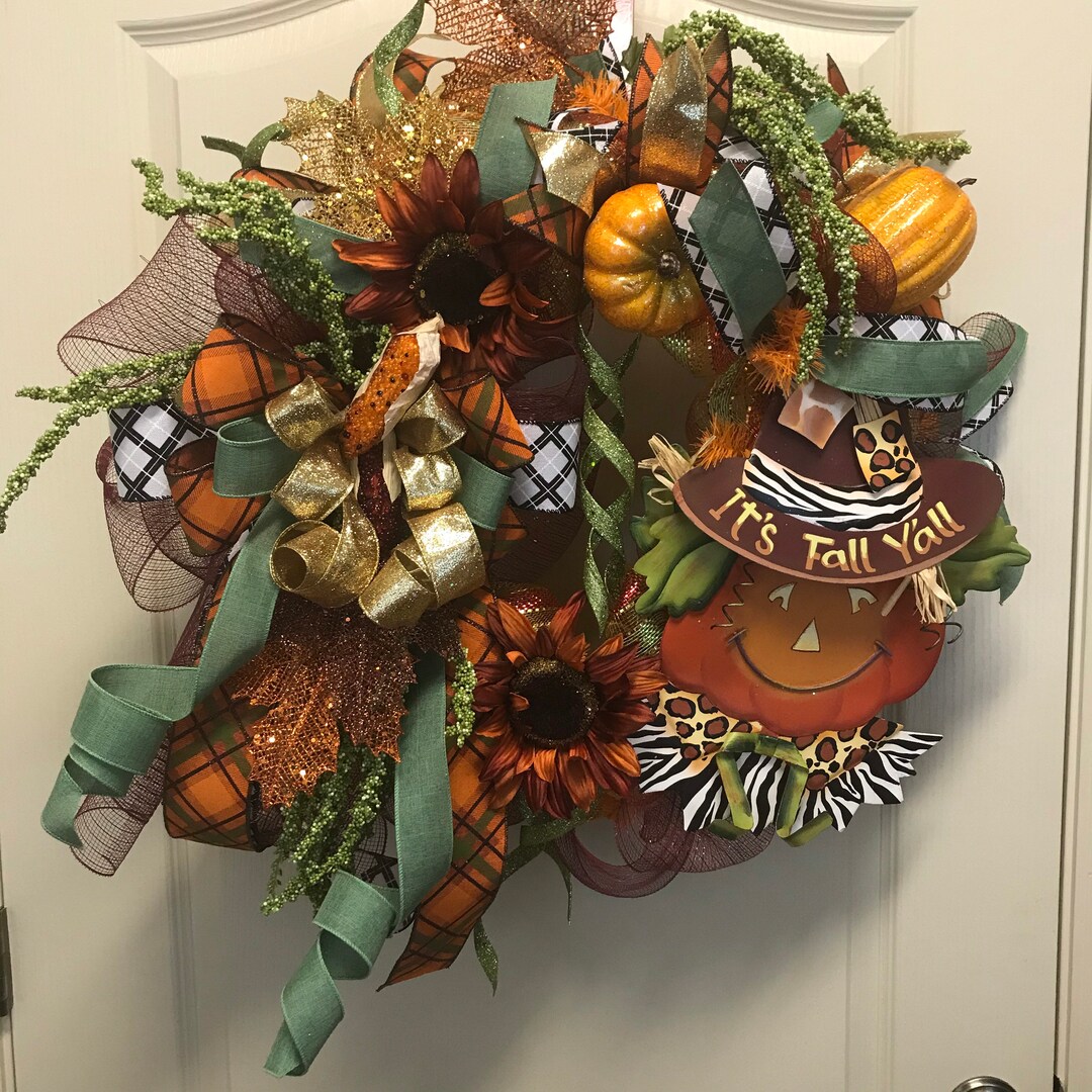 Fall Deco Mesh Wreath With Animal Print Pumpkin Scarecrow Sign Stating ...