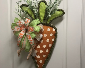 Burlap Carrot Easter Wreath: Polka Dot Spring Door Hanger