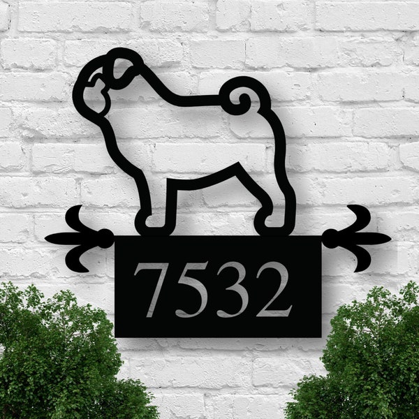 Custom Metal Address Sign, Metal House Number Sign, Pug Art, Front Porch Sign, Address Plaque, Metal Pug Sign, Custom Dog Address Sign