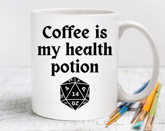 Coffee Is My Health Potion Coffee Cup, D&D Coffee Cup, Dungeons and Dragons Coffee Mug, DND Coffee Mug, DND Gift, Housewarming Gift