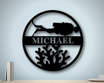Personalized Scuba Diving Sign, Scuba Gifts with Name, Scuba Beach House Gift, Scuba Decor, Scuba Coral Sign, Personalized Metal Scuba Sign