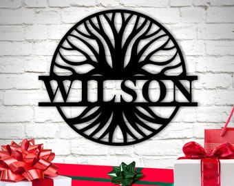 Personalized Family Name Metal Sign, Tree of Life Sign, Last Name Front Porch Sign, Housewarming gift, Wedding gift, Metal Wall Art Decor