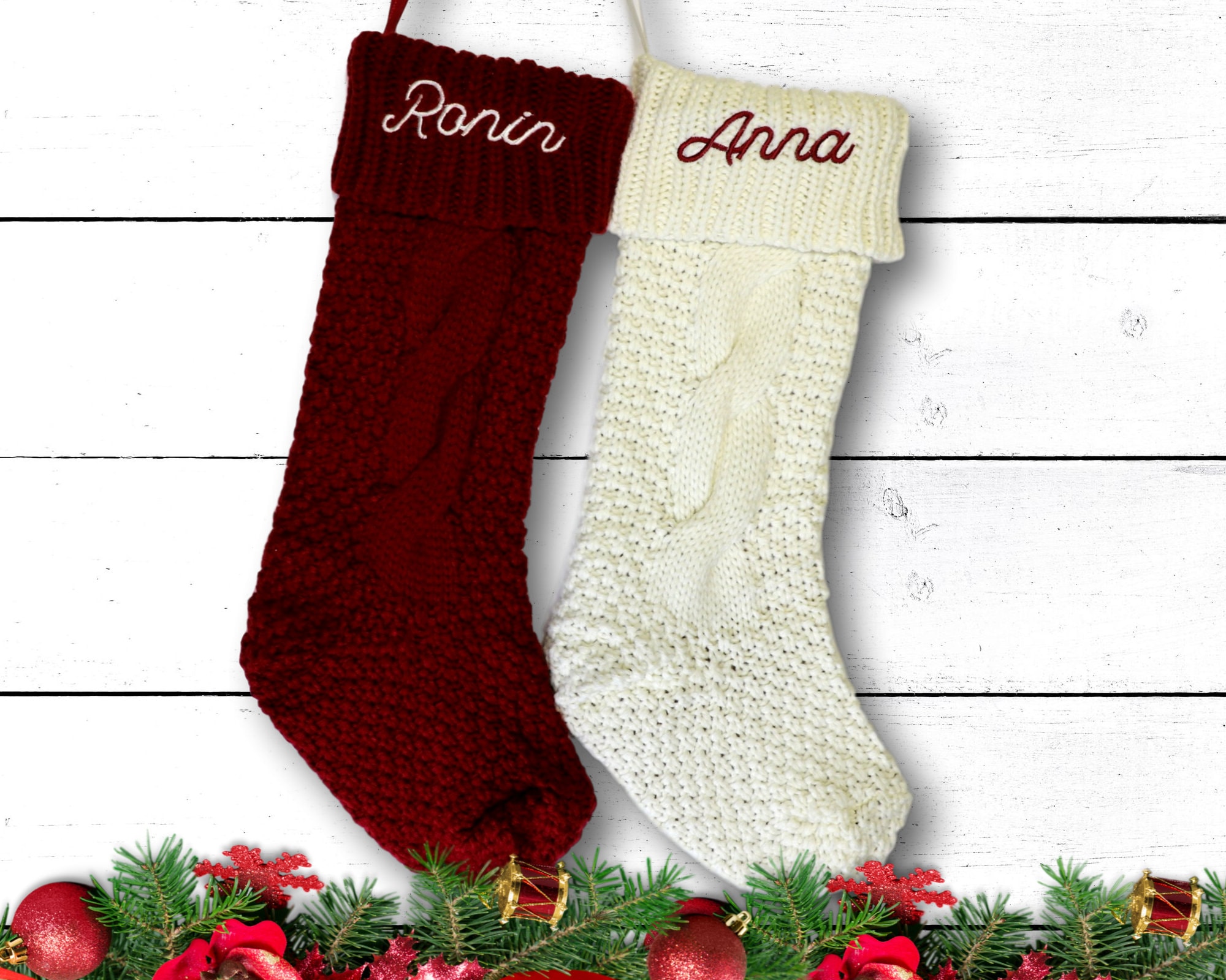 Pitauce Christmas Stockings with Name Tags, Cable Knitted Xmas Hanging Stocking Decorations for Holiday Christmas Party Family Decor Gift Favors