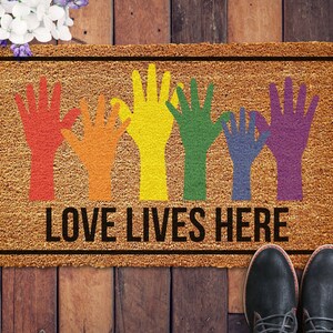 LGBTQ+ Welcome Mat, Gay Pride, LGBTQ+ Doormat, Housewarming Gift, Love Lives Here, Welcome Door Mat, Queer Welcome Mat, Queer Gift, Gay Gift