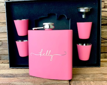 Personalized Flask for Women, Flask Set, Bridesmaid flask, Bridesmaid gift, Engraved Flask for Women, Pink Flask