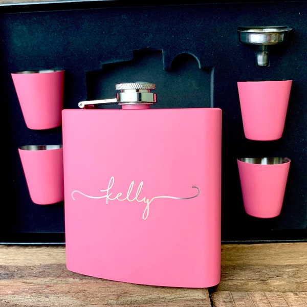 Personalized Flask for Women, Flask Set, Bridesmaid flask, Bridesmaid gift, Engraved Flask for Women, Pink Flask