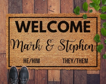 Personalized Pronoun Welcome Mat, Preferred gender pronoun Gift, Custom Doormat, Housewarming Gift, Personalized Gift, Customized Doormat