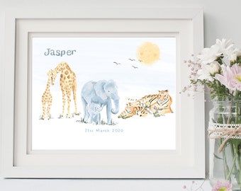 Personalised Safari Animals Nursery Wall Art - Baby Shower / New Baby Gift - Framed or Unframed