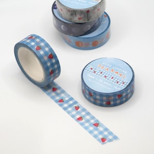 Blue Gingham and Strawberries Washi Tape decorative masking tape for journaling image 1