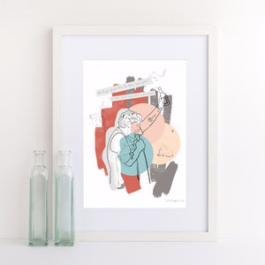 May include: Framed art print with a white frame, depicting a line drawing of a person with a microphone and bottle. The artwork incorporates text, abstract shapes in red, grey, and blue, and a small animal illustration. The print is set against a white backdrop.