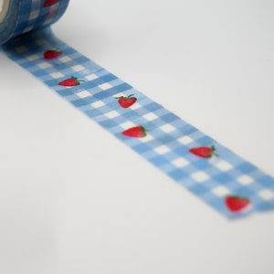 Blue Gingham and Strawberries Washi Tape decorative masking tape for journaling image 3