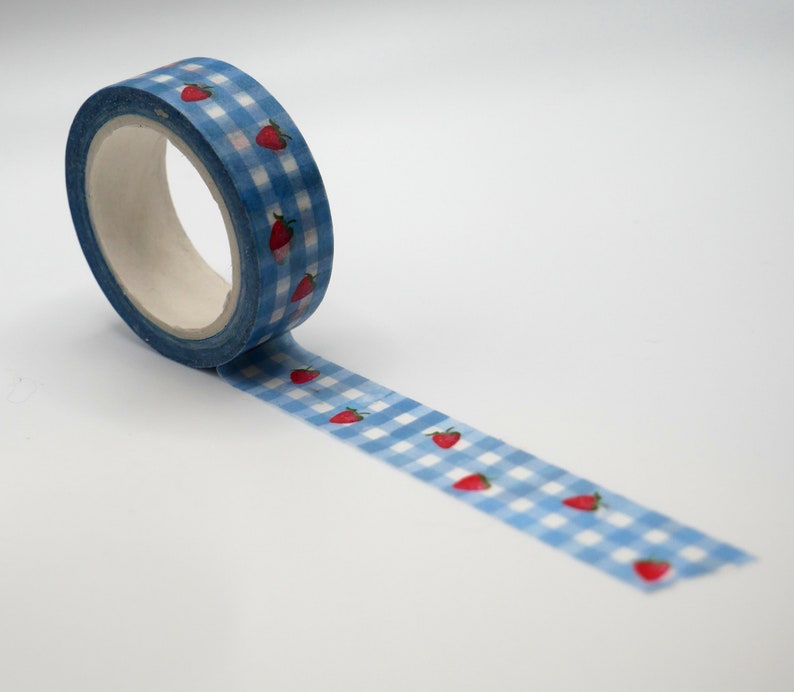 Blue Gingham and Strawberries Washi Tape decorative masking tape for journaling image 2