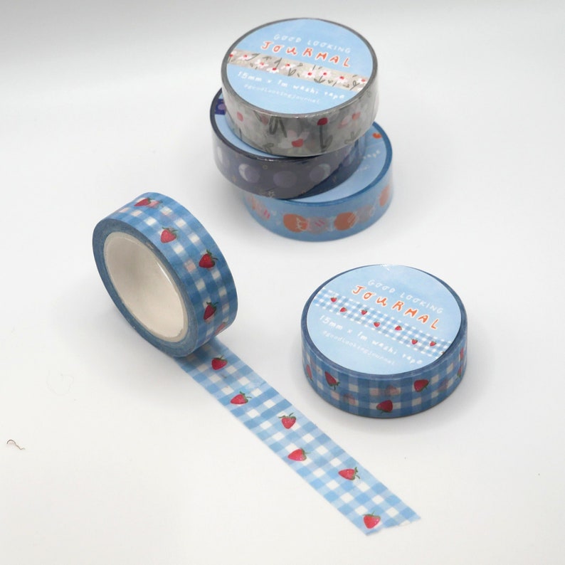 Blue Gingham and Strawberries Washi Tape decorative masking tape for journaling image 1