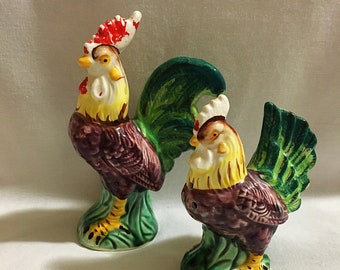 Rooster Bird Chicken Salt and Pepper Shakers Farmhouse Style Kitchen Dining Collectable Napco 1950s