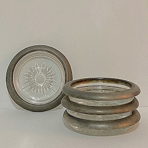 Set of 4 VTG. 1950s Leonard Silver Plated Glass Coaster Starburst Pattern Italy