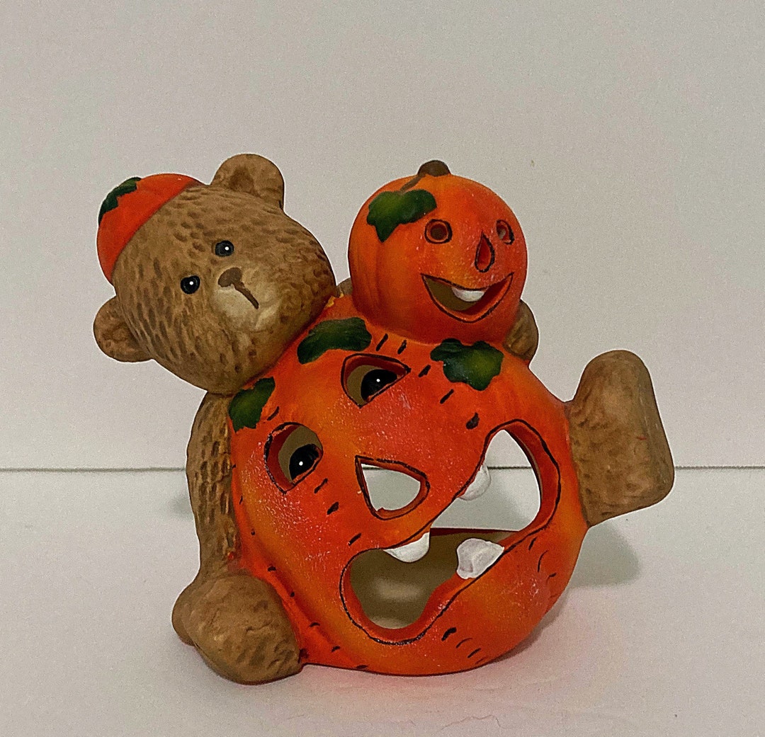 Ceramic Teddy Bear Jackolantern Halloween Pumpkin Candle Etsy