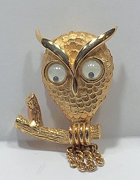 Brooch Pin Vintage Jewelry Owl Bird With Google e… - image 2