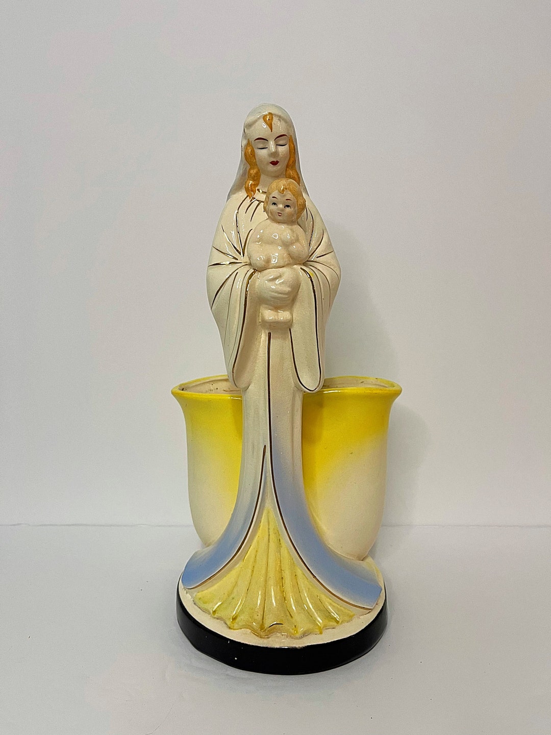 Art Deco Mary Jesus Ceramic Planter Madonna Baby Child Statue Figurine ...