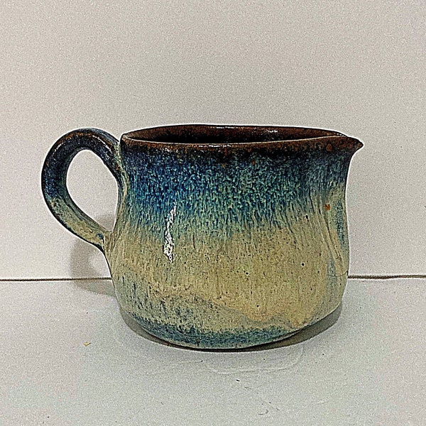 Studio Pottery Hand Thrown Pitcher Blue Green Cream Brown Glazed