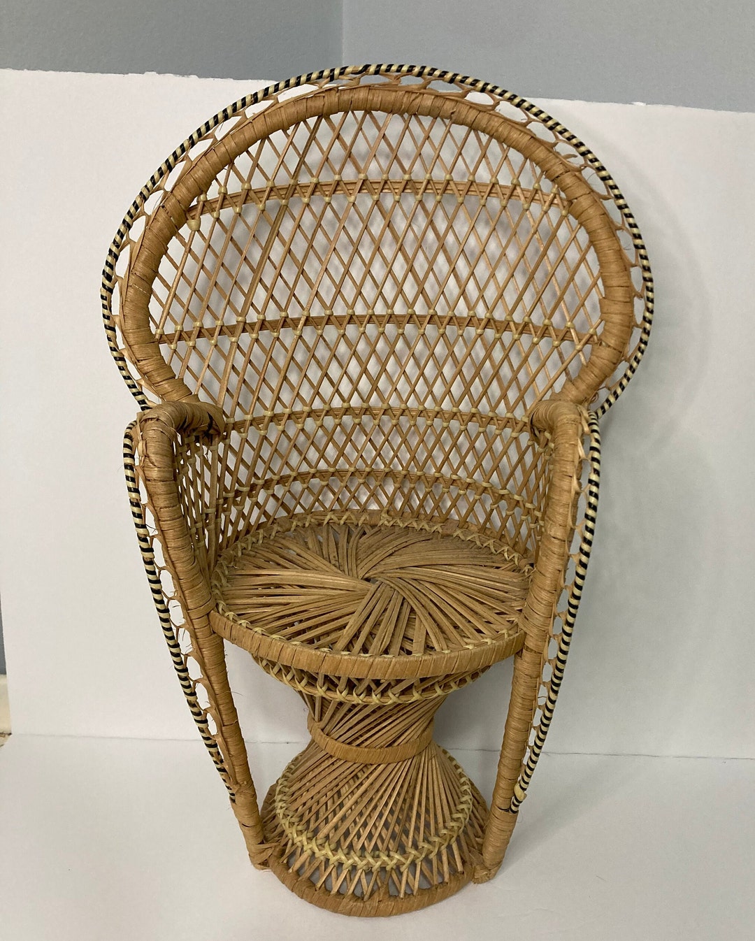 Wicker Peacock Fan Back Rattan Chair Doll Plant Stand Boho Decor