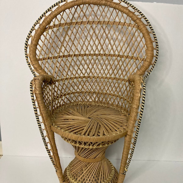 Wicker Peacock Fan Back Rattan Chair Doll Plant Stand Boho Decor Vintage