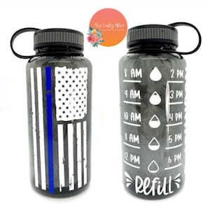 Thin Blue Line Flag | Police Water Bottle| Water Bottle Tracker| Custom Water Bottle| Water Bottle with Straw| Police Gift| American Flag