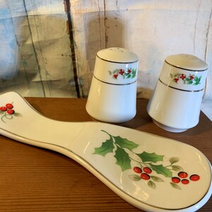 Christmas Royal Norfolk Salt and Pepper Set with Spoon Rest Holly & Gold Accent