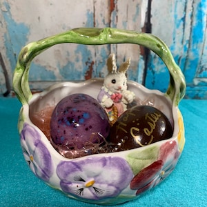 Vintage Ceramic Easter Basket 1994 with Ceramic Eggs and Easter Bunny Set