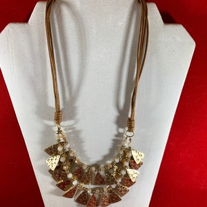Unique Multi-Strand Layered Gold Colored Necklace Tan Leather