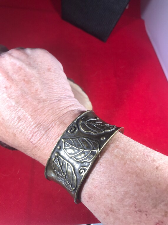 Solid Brass Cuff Bracelet: Leaf Design, Adjustable - image 2