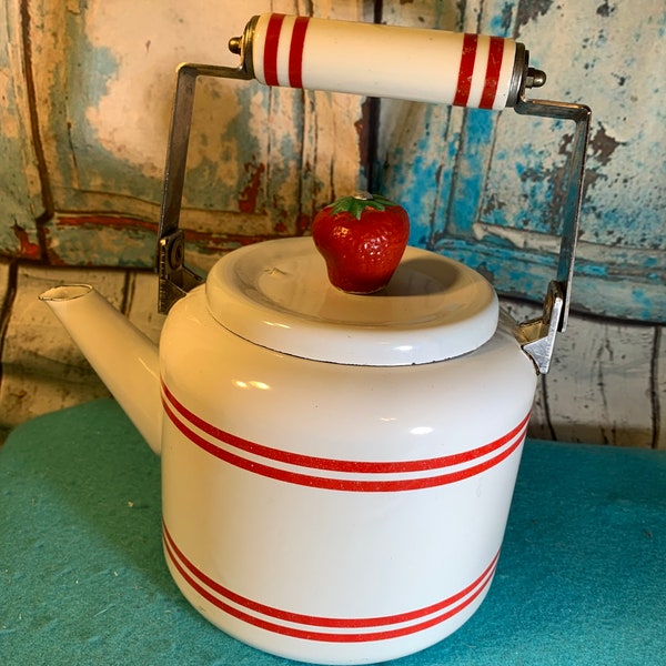 Vintage Porcelain 1980 Kamenstein Tea Kettle White with Red Stripes and a Strawberry on Top!