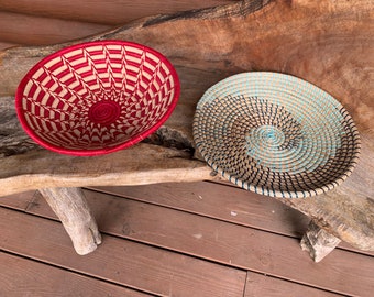 Handmade Sisal Woven Basket: Colorful Wall Decor Your Choice! Red or Brown and Teal.