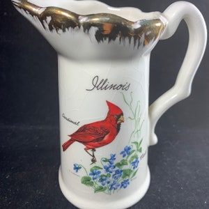 Jarra para crema vintage Illinois Cardinal Red Bird con borde de oro de 24 quilates