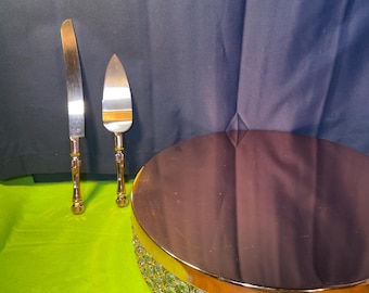 Copper Crystal Cake Stand with Matching Knife & Server