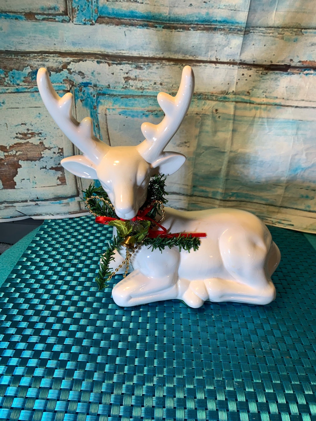 Christmas Deer Figurine Ceramic Vintage Holiday Deer Laying Down With