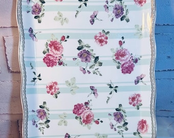 Vintage Grace’s Teaware, Shabby Chic Serving Tray, Pink Purple Roses Mint Green Stripes Gold Rim Handled Tea Party Decor.
