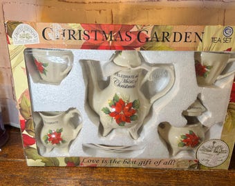 Christmas Tea for Two Set. Incl, Teapot, Creamer, Sugar Bowl, Two Cups and Saucers.  NEW in Original Box. Lily Creek "Christmas Garden"