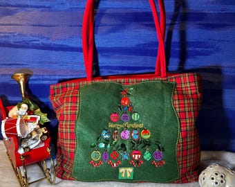Borsa natalizia vintage, borsetta a quadri con albero di Natale ricamato, borsa a tracolla festiva a quadretti, borsa invernale originale con paillettes di Kim Rogers