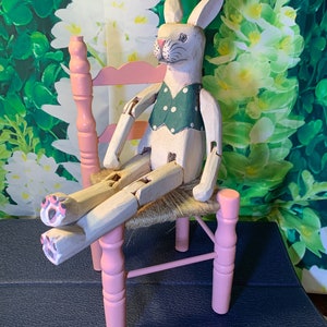 Folk Art Rabbit- Wooden Hand Made and Hand Painted Rabbit with Wooden Pink Chair in Excellent Condition!