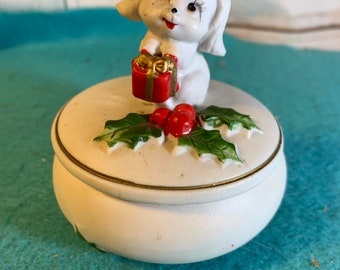 Small Christmas Porcelain Trinket Box with Puppy Holding Gift Vintage Ceramic Trinket Box in Excellent Condition!