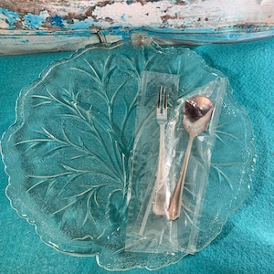 Heavy Vintage 10” Dunkirk Crystal Divided Relish Dish with Clairhill Pattern and Silverplated Fork and Spoon by Oneida in Original Box!